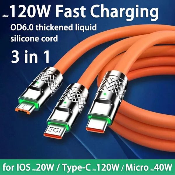 3 in 1 Super Fast Charging Cable 120w for iPhone / Micro Usb / Type-C